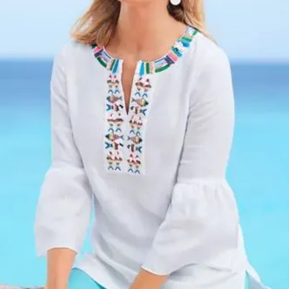 Talbots Linen Tunic Bell Sleeve Embellished Beaded Fish Sz M P Coastal Beachy